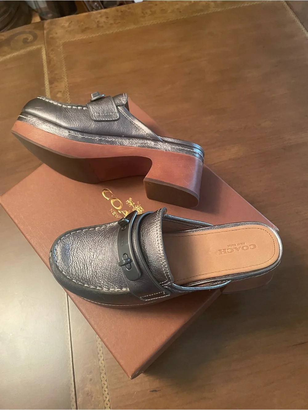 Coach 2016 collection Adrienne Metallic Tambled Gunmetal Leather Platform Clogs